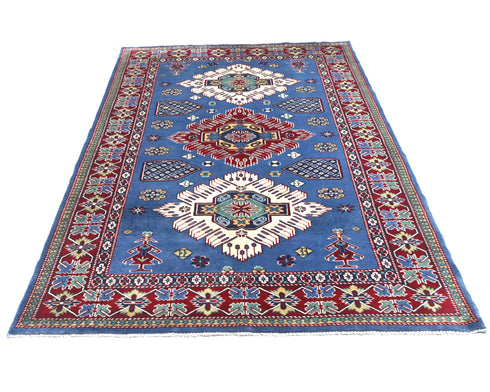 4x6 Feet Blue Shirvan Afghan Hand Knotted Geometric Wool Area Rug